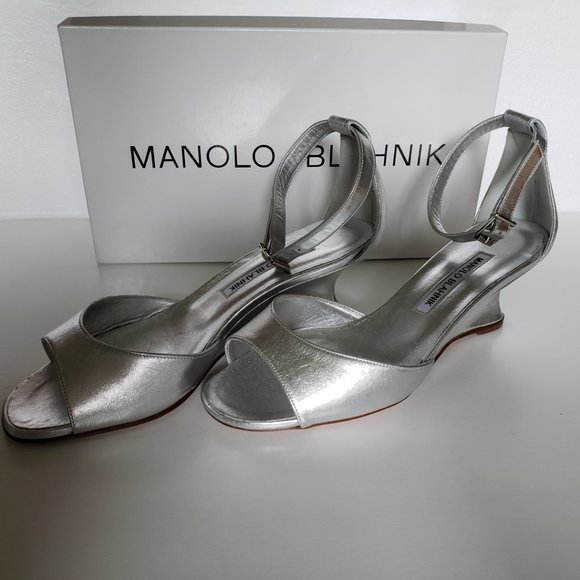 Manolo Blahnik Metallic Demi-Wedge Sandal, Silver - Picture 5 of 12